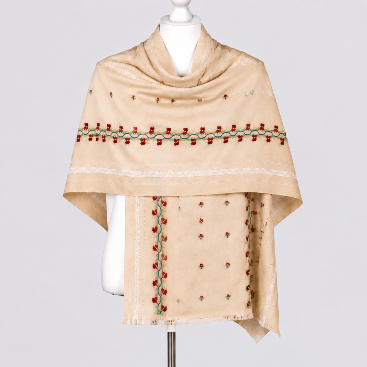 Soft Ivory Beige Jaalidar Vintage Garden Himalayan Handmade embroidered Pashmina Shawl