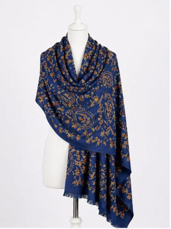 Cobalt Blue Golden Mughal Jaal Himalayan Handmade embroidered Pashmina Shawl
