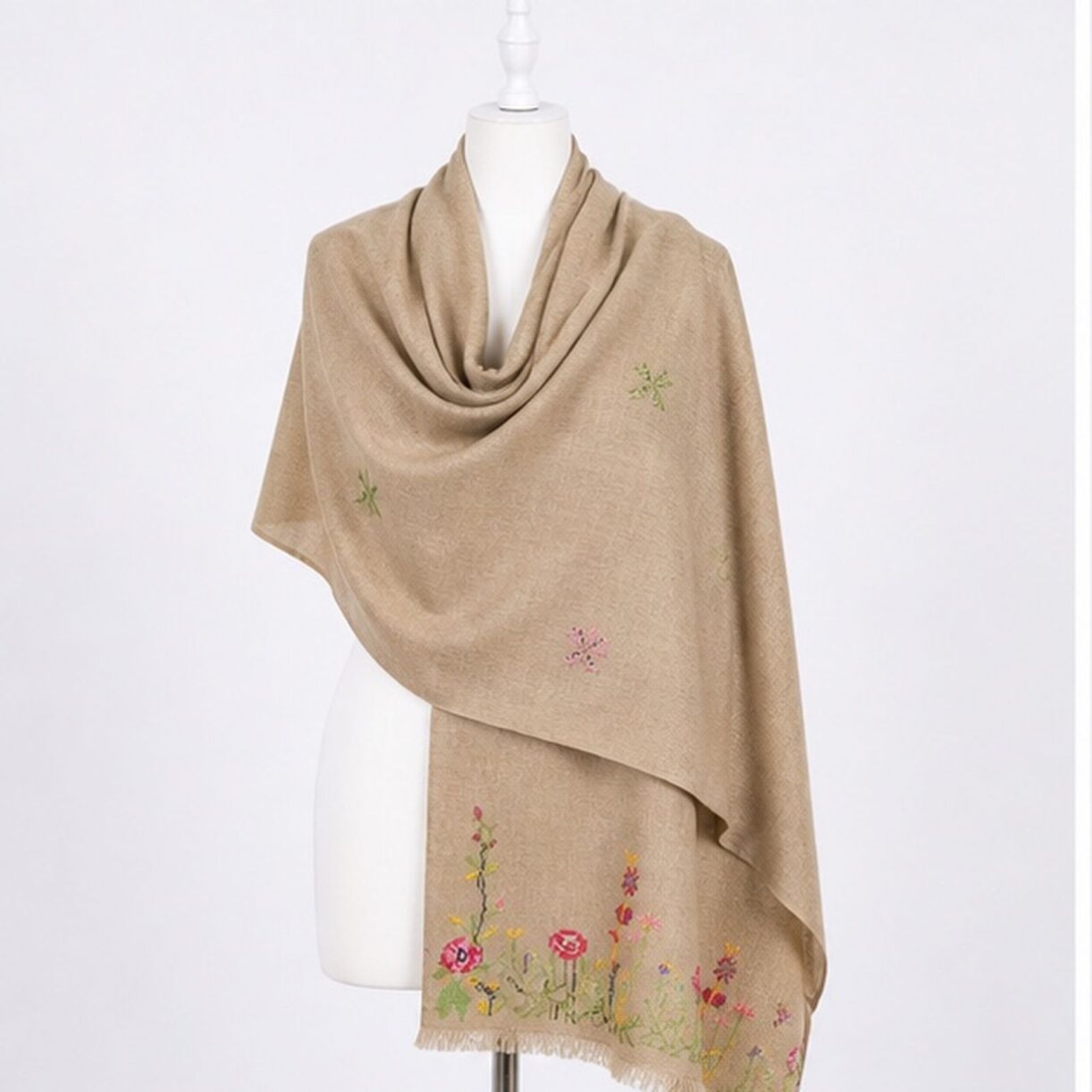 Golden Sand Beige Blossom Meadow Himalayan Handmade embroidered Shawl