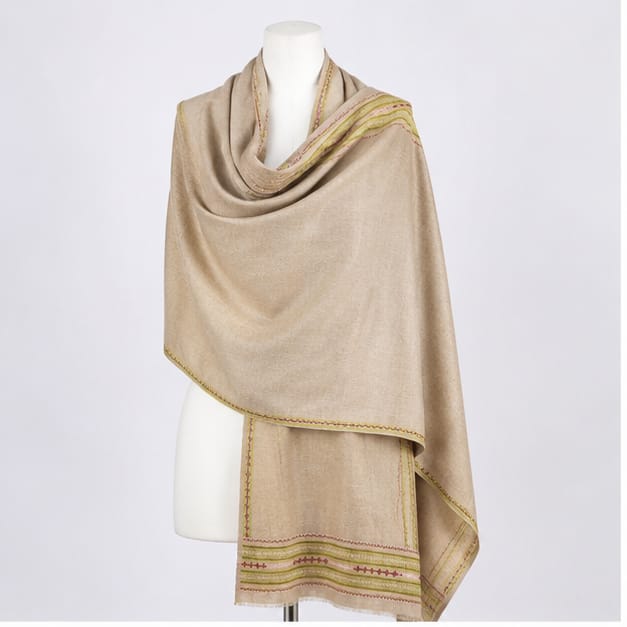 Soft Creamy Beige Regal Tribal Border Himalayan Handmade embroidered Pashmina Shawl