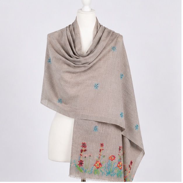 Warm Taupe Beige Blossom Meadow Himalayan Handmade embroidered Shawl