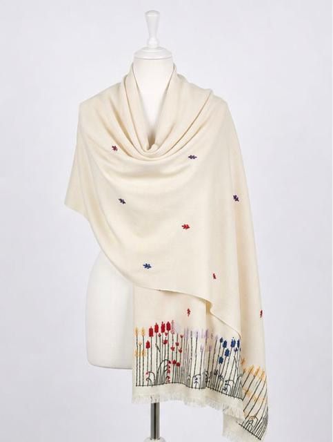 Ivory Lavender Meadow Himalayan Handmade embroidered Shawl