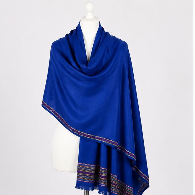 Cobalt Blue Regal Tribal Border Himalayan Handmade embroidered Pashmina Shawl