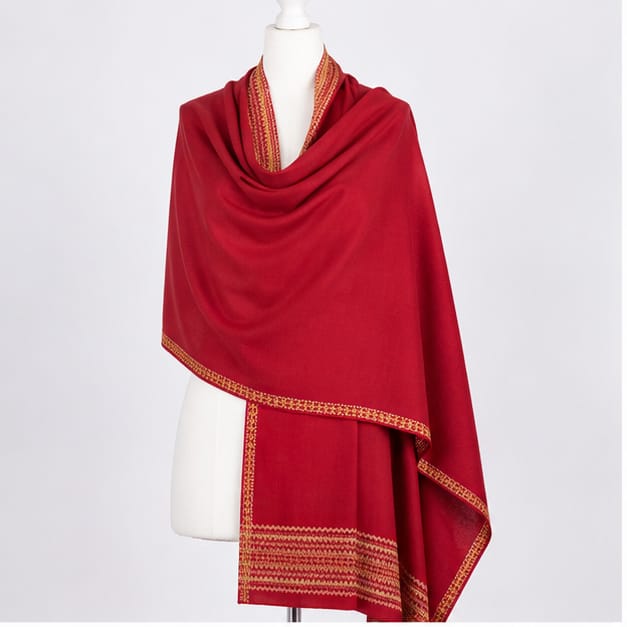 Royal Crimson Red Regal Tribal Border Himalayan Handmade embroidered Pashmina Shawl