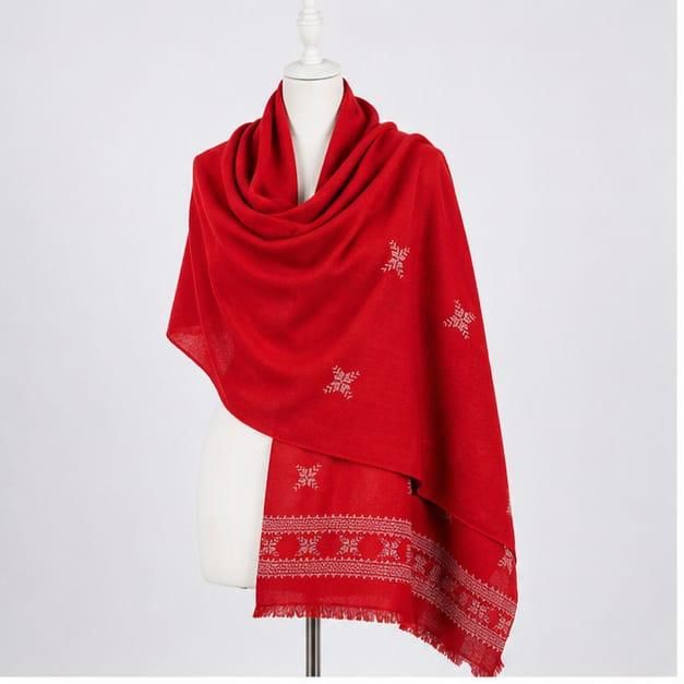 Bright Red Frostwork Himalayan Handmade embroidered Pashmina Shawl
