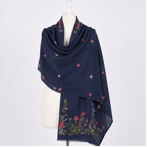 Navy Blue Blossom Meadow Himalayan Handmade embroidered Shawl