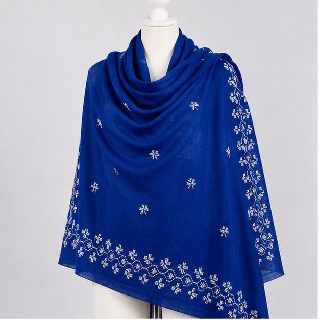 Cobalt Blue Snowflake Himalayan Handmade embroidered Pashmina Shawl