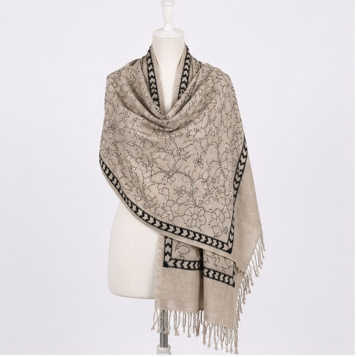 Pearl Beige Floral Garden Himalayan Handmade embroidered Shawl