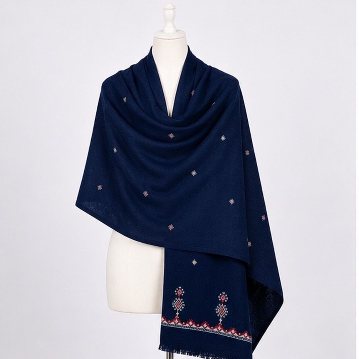 Navy Blue Desert Lantern Motif Himalayan Handmade embroidered Shawl