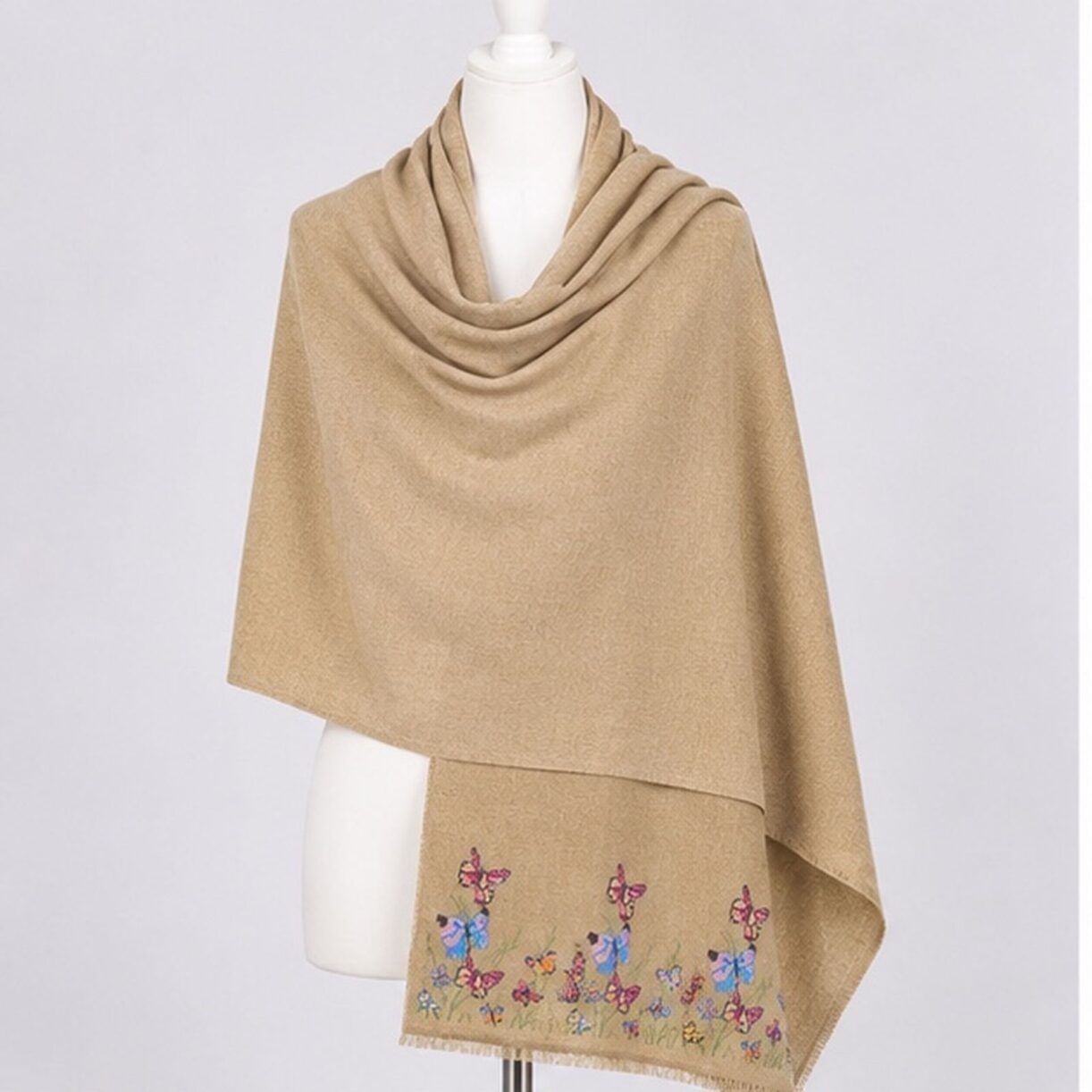 Warm Golden Beige Butterfly Meadow Himalayan Handmade embroidered Shawl
