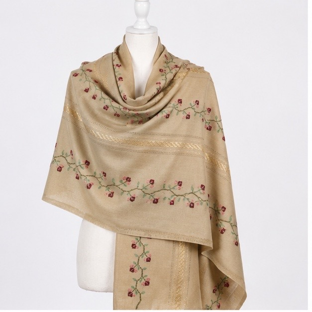 Warm Taupe Beige Jaalidar Rosewood Bloom Himalayan Handmade Pashmina Shawl
